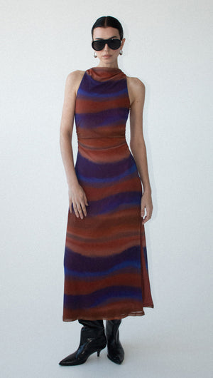 Sunset Ombre Print Sleeveless Mesh Midi Dress