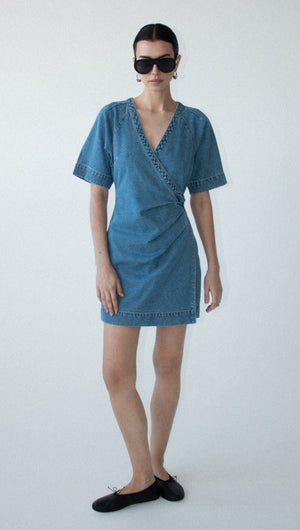 Cotton Denim Wrap Detail Mini Dress