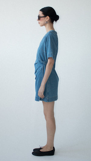 Cotton Denim Wrap Detail Mini Dress