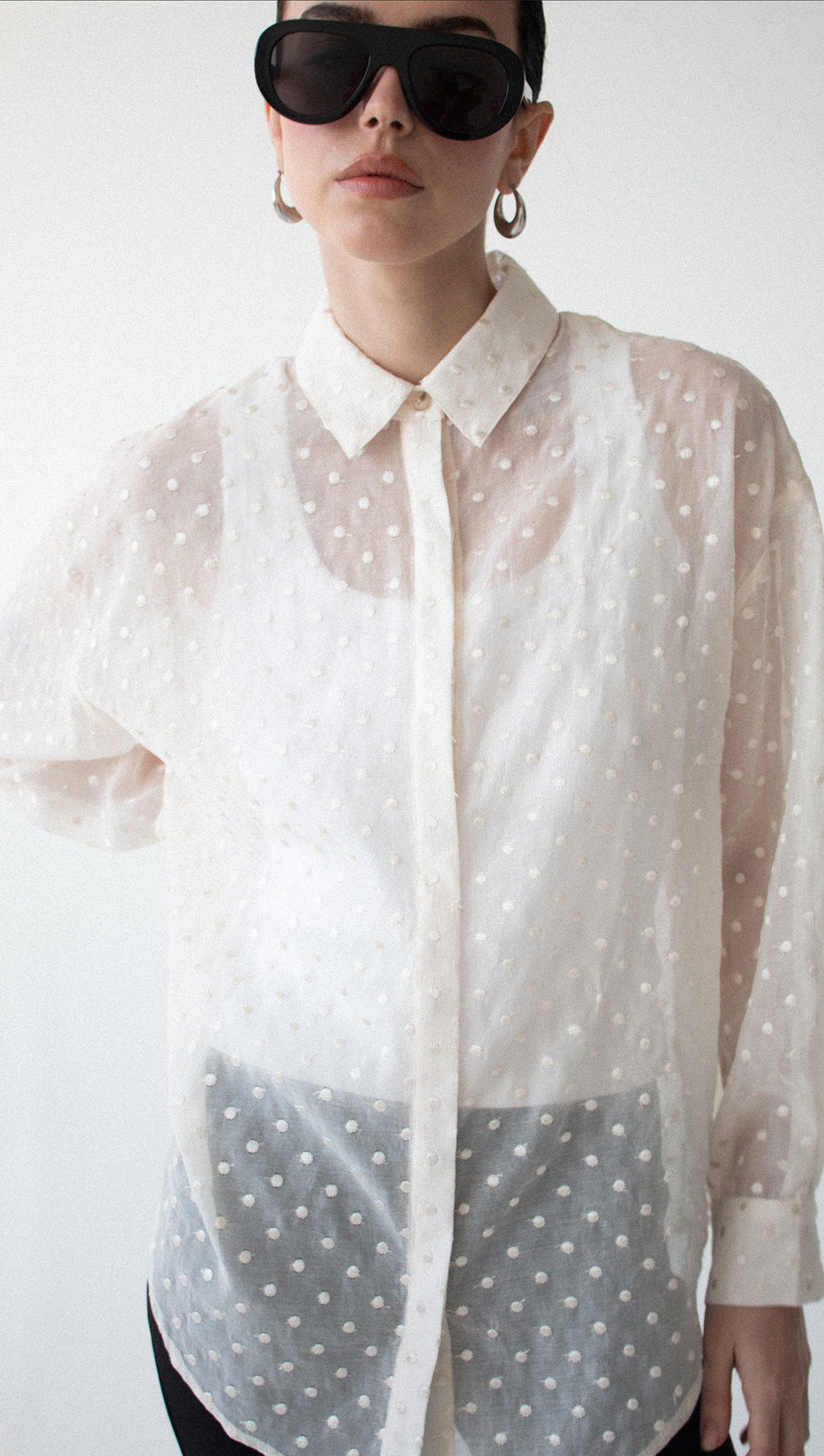 Cream Embroidered Spot Sheer Oversized Shirt