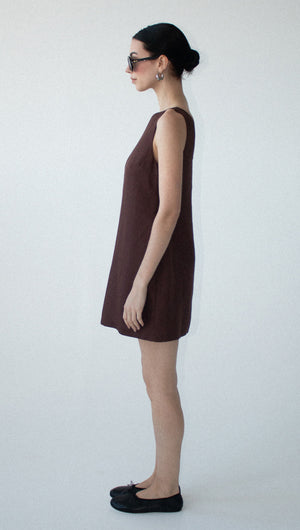 Chocolate Linen Blend Boat Neck Mini Shift Dress