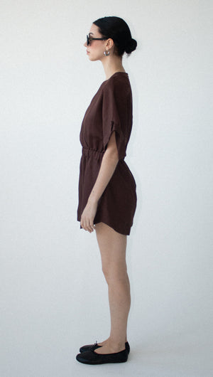 Chocolate Linen Blend Wrap Playsuit