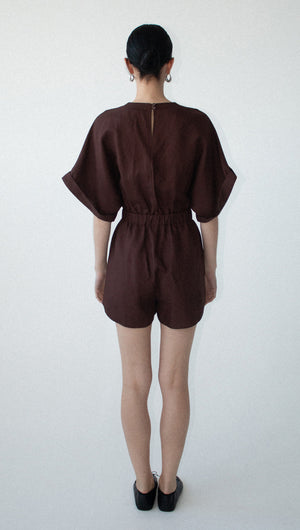Chocolate Linen Blend Wrap Playsuit