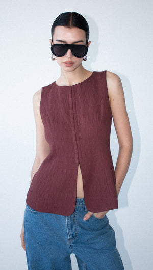 Burgundy Round Neck Textured Vest