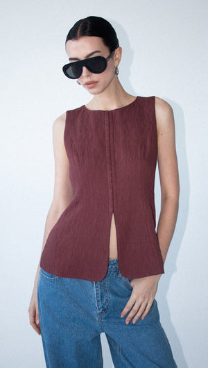 Burgundy Round Neck Textured Vest