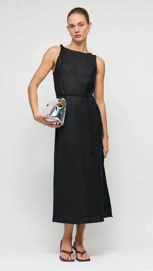 Linen Blend Black Midi Dress with Tie Waist featuring a relaxed fit and elegant design, perfect for day-to-night wear.