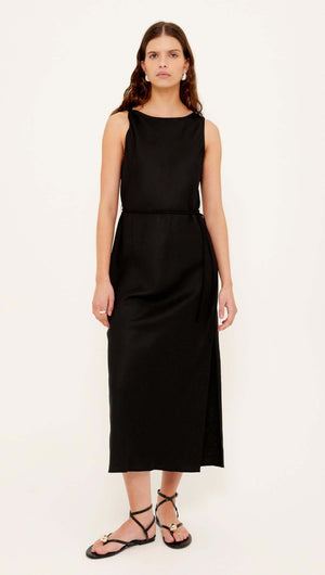 Linen Blend Black Midi Dress with Tie Waist showcased on model with relaxed fit and subtle sheen.