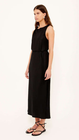 Linen Blend Black Midi Dress with Tie Waist displayed on a model, featuring a relaxed fit and Tencel-linen blend fabric.