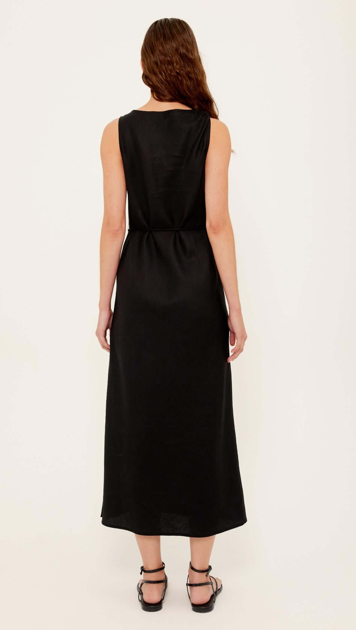 Back view of the Linen Blend Black Midi Dress with Tie Waist showing relaxed fit and elegant silhouette.