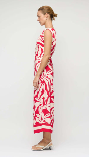 Cotton Blend Red & White Floral Asymmetrical Midi Dress displayed on a model, showing the side view and floral pattern.