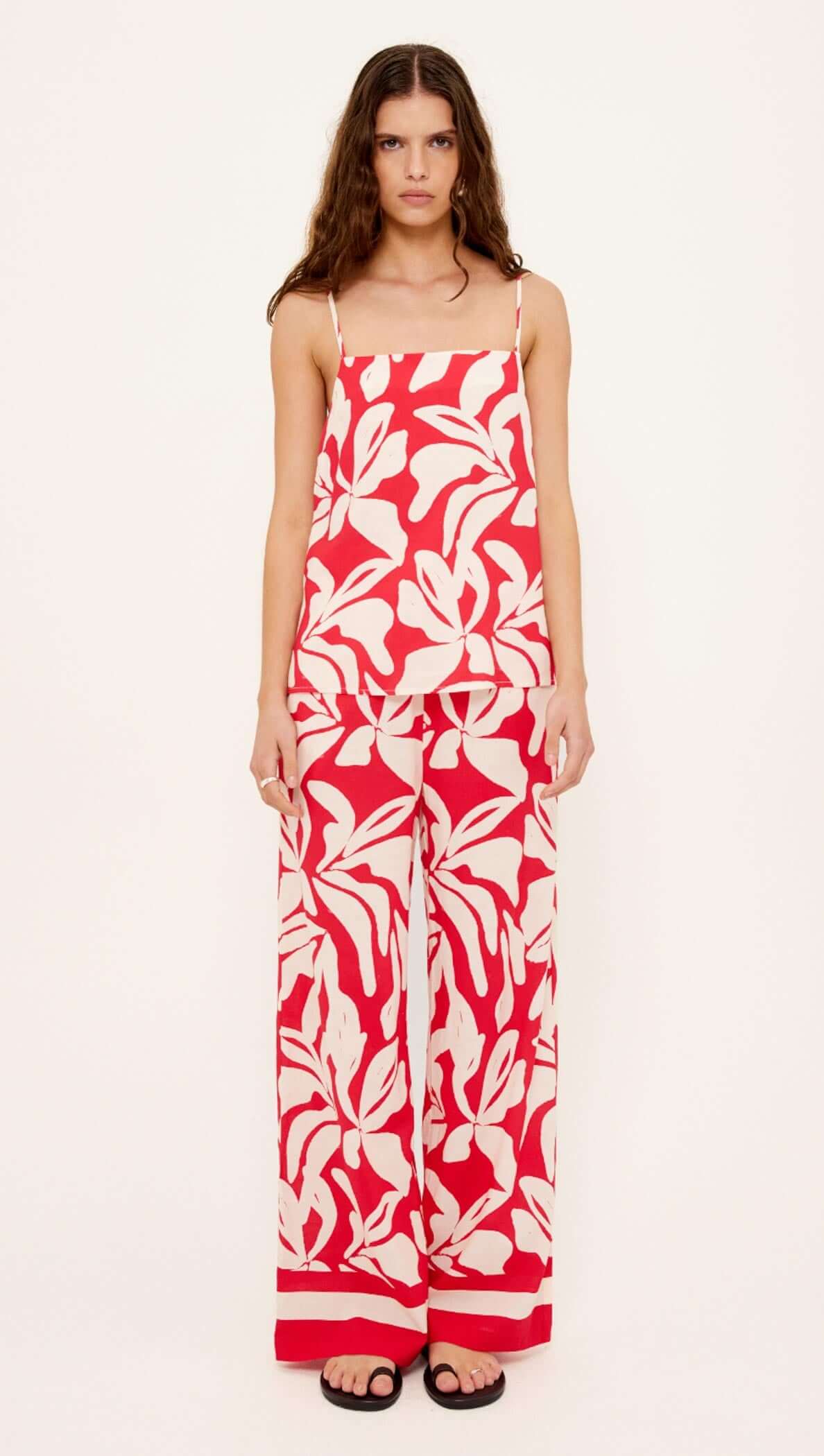 Cotton Blend Red & White Floral Print Cami Top paired with matching pants, showcasing a stylish summer outfit.