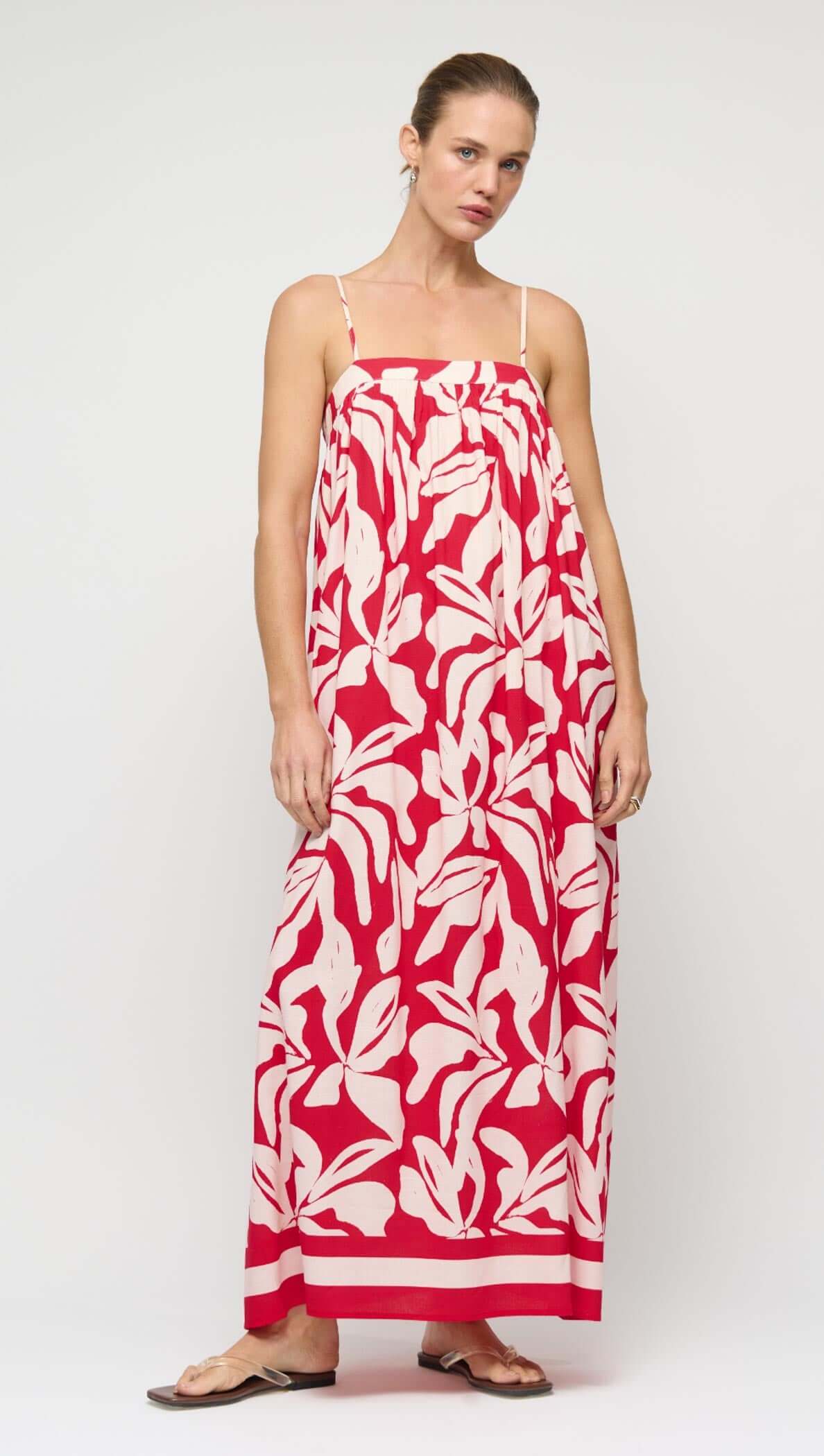 Model wearing Cotton Blend Red & White Floral Print Maxi Dress, a flowy summer outfit with a relaxed silhouette.