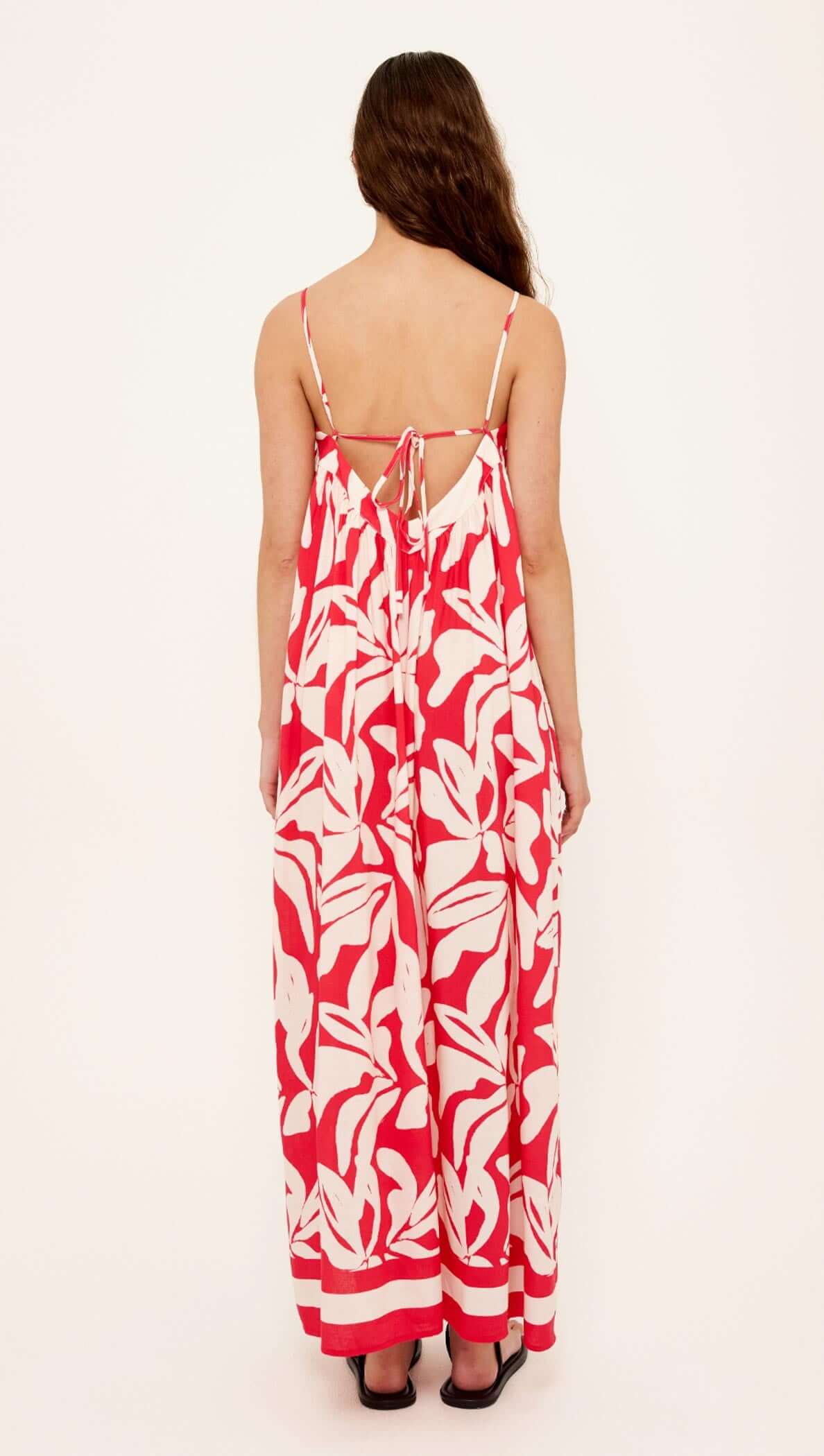 Cotton Blend Red & White Floral Print Maxi Dress showcasing the back view with adjustable tie-back detailing.