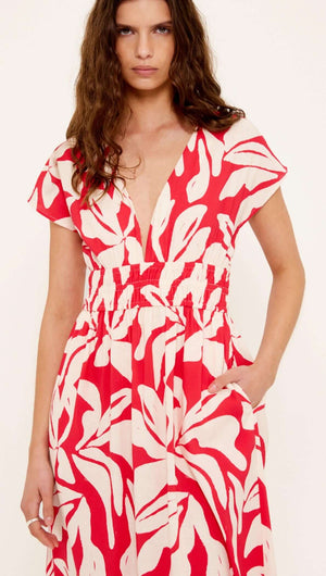 Cotton Blend Red & White Floral Print Shirred Midi Dress featuring a deep V neckline and shirred waist.