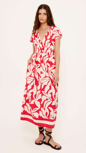 Cotton Blend Red & White Floral Print Shirred Midi Dress on model showcasing deep V neckline and shirred waist.