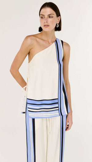 Model wearing Stripe One Shoulder Top with blue and black stripes, showcasing an asymmetrical neckline and side tie detail.