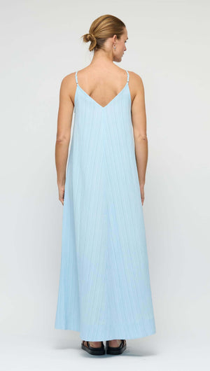 Sky Blue Crepe V-Neck Floaty Maxi Dress showcasing the back view, demonstrating the relaxed fit and adjustable straps.