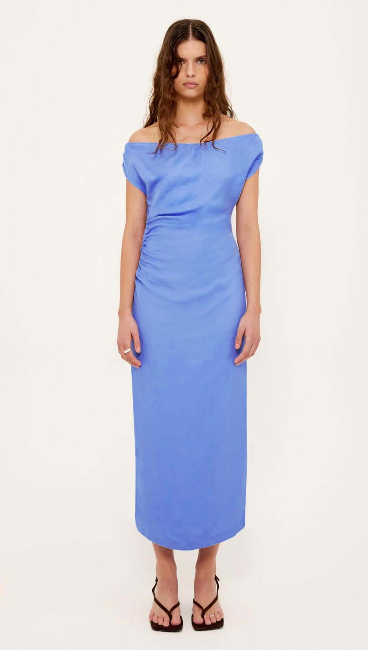 Jacaranda Tencel Linen Blend Off-Shoulder Midi Dress in jacaranda blue, featuring off-shoulder neckline and side ruching.