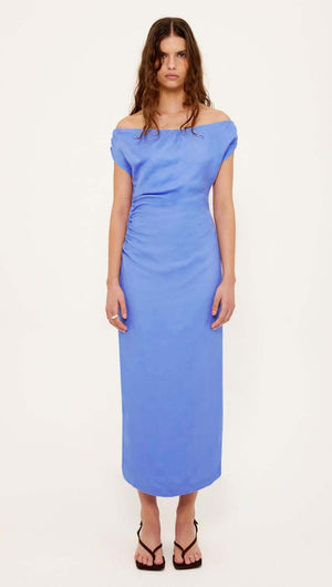 Jacaranda Tencel Linen Blend Off-Shoulder Midi Dress in jacaranda blue, featuring off-shoulder neckline and side ruching.