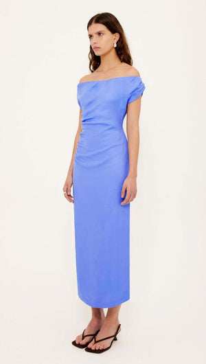 Jacaranda Tencel Linen Blend Off-Shoulder Midi Dress in jacaranda blue with draped neckline and side ruching