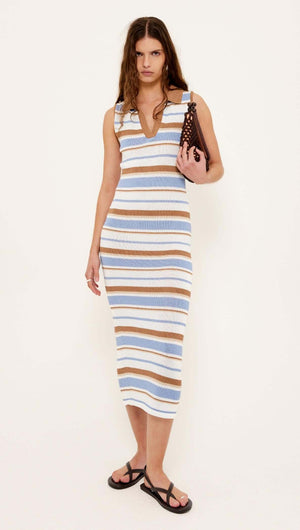 Model wearing a Striped Knit Midi Dress in sky blue, chocolate, and cream colors, showcasing a sleeveless design and collared V-neck.