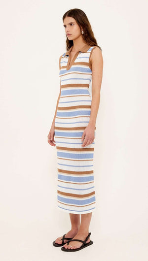 A model showcasing the Striped Knit Midi Dress in sky blue, chocolate, and cream stripes with a sleeveless design.