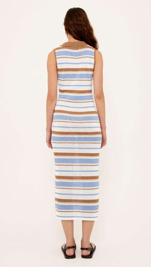 Back view of Striped Knit Midi Dress featuring a soft stripe pattern in blue, chocolate, and cream tones.