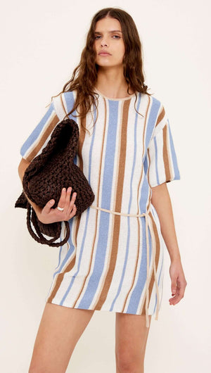 Striped Knit T-Shirt Mini Dress in sky blue, chocolate, and cream with a removable waist tie.
