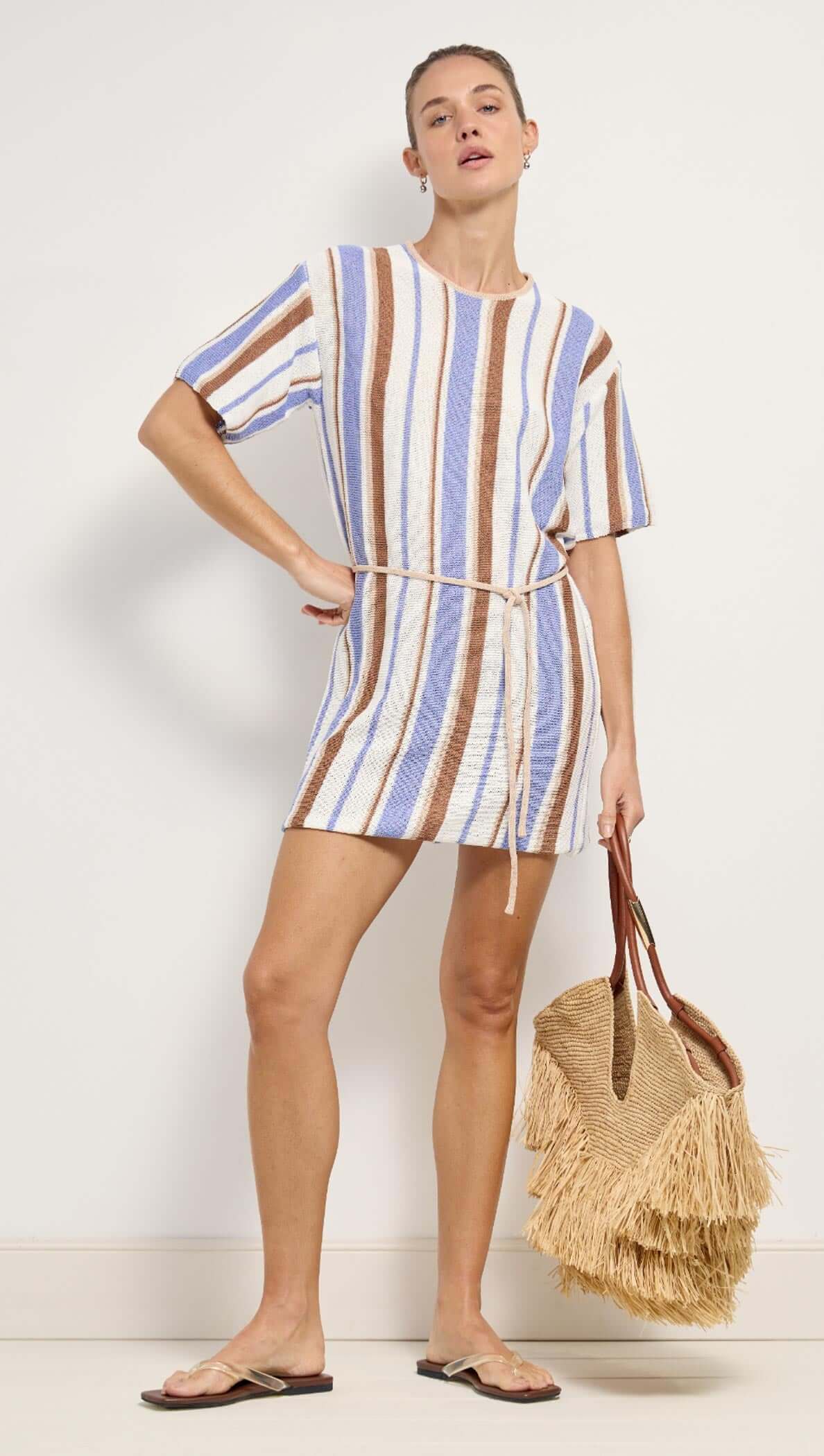 Striped Knit T-Shirt Mini Dress in soft textured knit with short sleeves and removable waist tie.