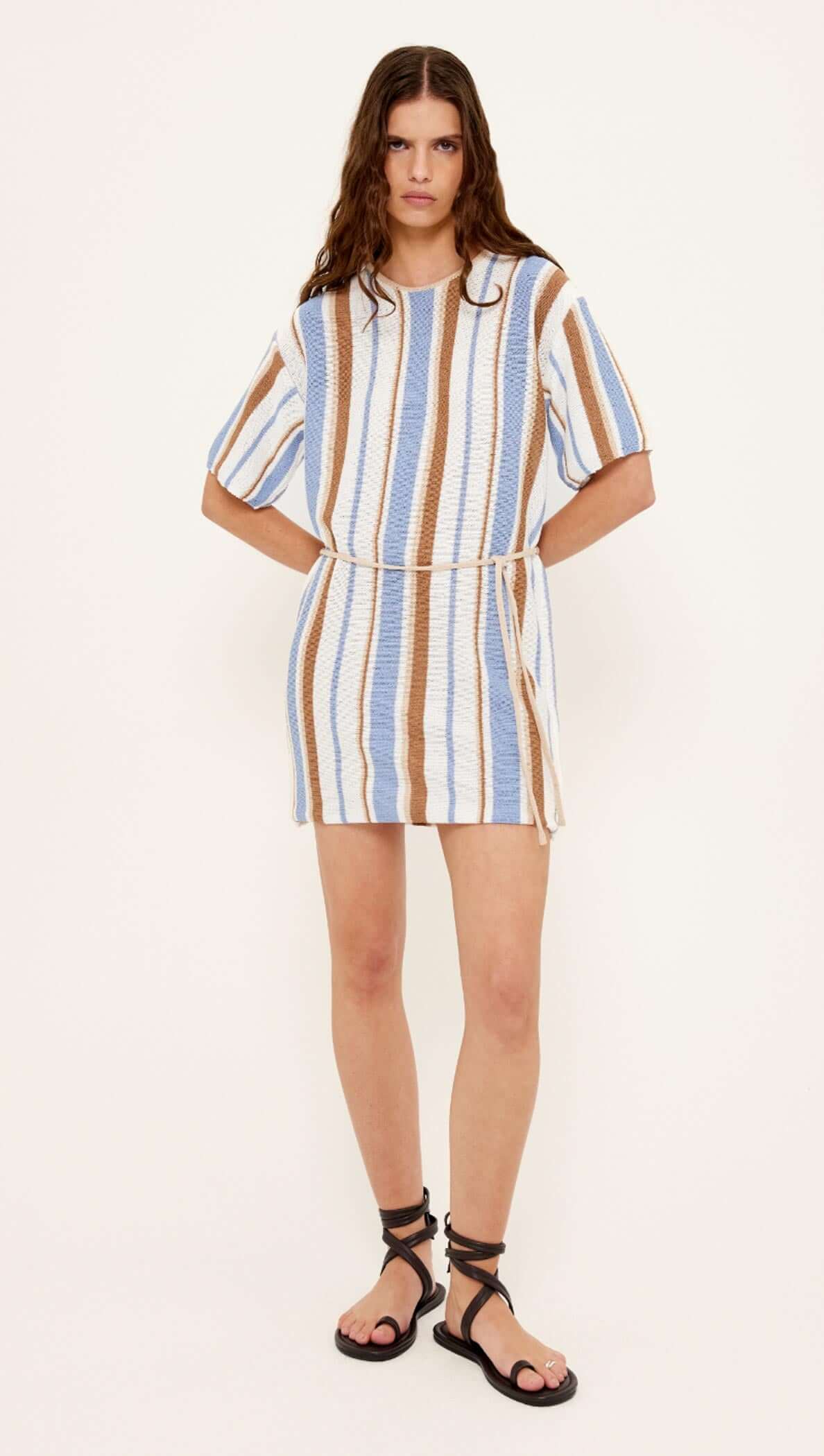 Striped Knit T-Shirt Mini Dress displayed on model, featuring a relaxed fit with short sleeves and a waist tie.