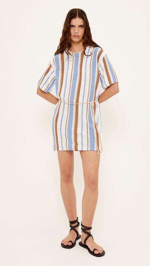 Striped Knit T-Shirt Mini Dress displayed on model, featuring a relaxed fit with short sleeves and a waist tie.