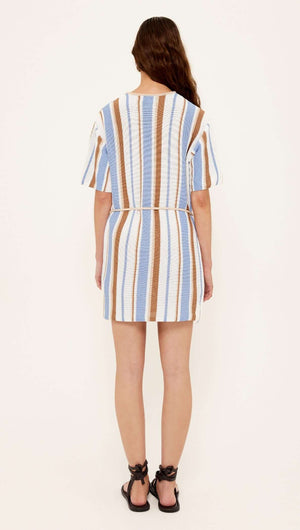 Back view of the Striped Knit T-Shirt Mini Dress featuring a relaxed fit, striped pattern in sky blue, chocolate, and cream.