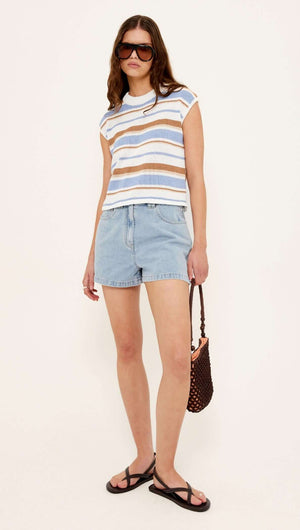 Model wearing Striped Knit Tank Top with denim shorts and sunglasses, showcasing a stylish summer outfit.