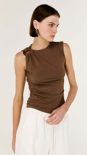 Brown Ruched Slinky Tank featuring soft ruching and statement hardware shoulder detail.
