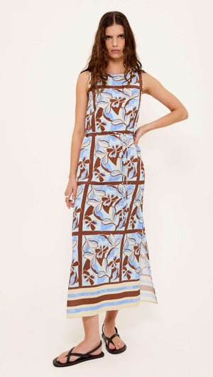 Blue Abstract floral Midi Dress with Tie Waist worn by a model, showcasing its vibrant print and elegant silhouette.