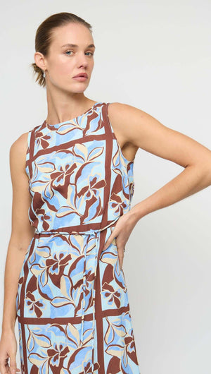 Blue Abstract floral Midi Dress with Tie Waist featuring a sleeveless design and elegant floral print in blue and brown.