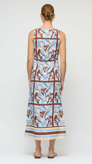 Blue Abstract floral Midi Dress with Tie Waist - Back view showing floral design and sleek silhouette.