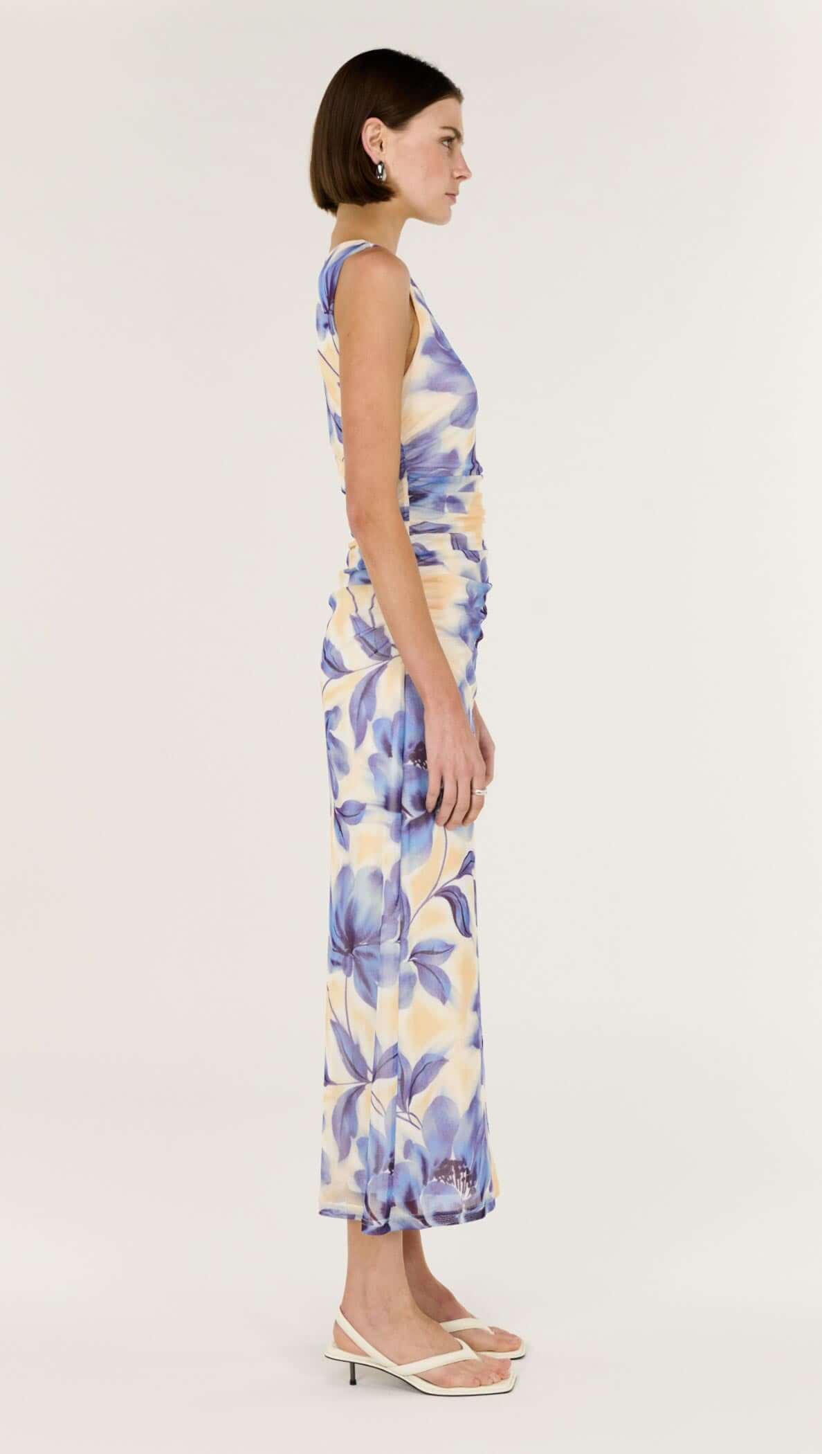 Blue Blurred Floral Mesh Midi Dress