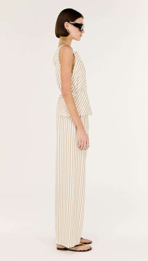 Cotton Blend Stripe Mid-Rise Pants on model showcasing side view in soft taupe and white stripe design.