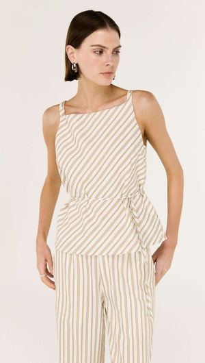 Model wearing a Cotton Blend Stripe Tie Waist Top with taupe and white stripes, featuring a sleeveless design and adjustable waist tie.