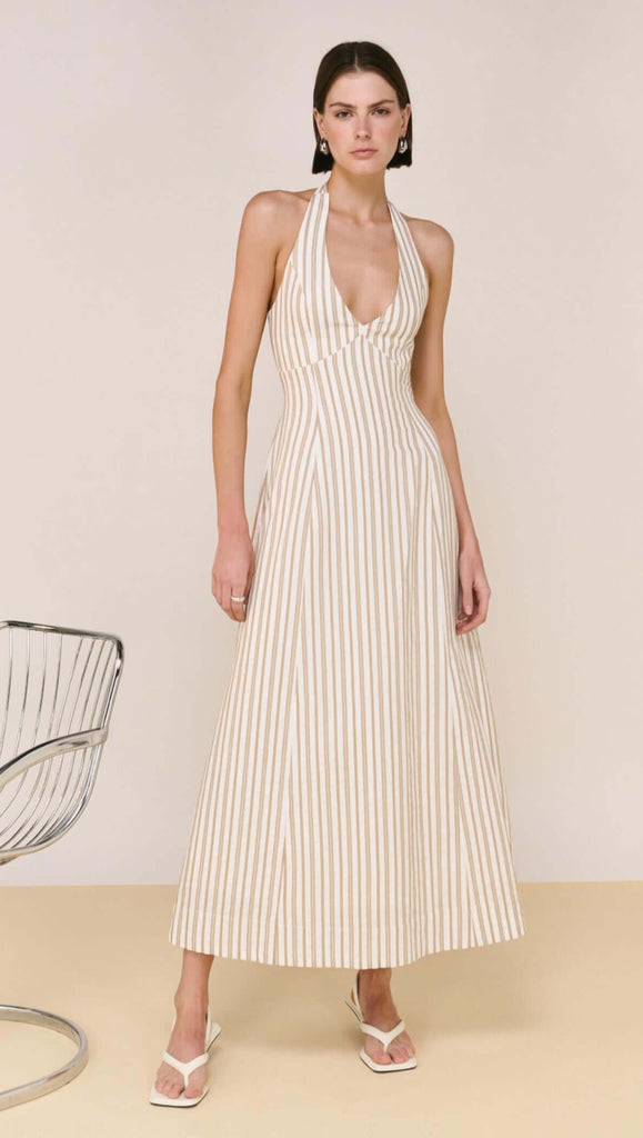Natural Cotton Blend Stripe V-Neck Halter Midi Dress