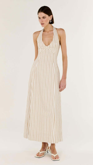 Natural Cotton Blend Stripe V-Neck Halter Midi Dress displayed on a model with a flattering silhouette and soft stripes.