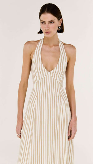 Natural Cotton Blend Stripe V-Neck Halter Midi Dress worn by a model showcasing the flattering halter neckline and open back.