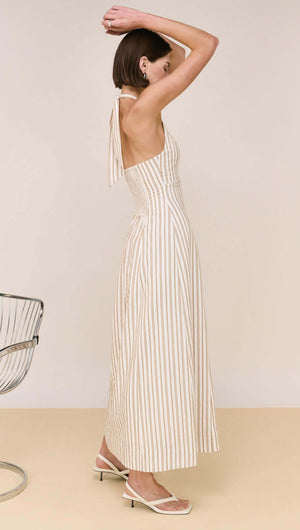 Natural Cotton Blend Stripe V-Neck Halter Midi Dress showcased from the side, highlighting its elegant design and flow.