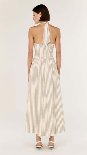 Natural Cotton Blend Stripe V-Neck Halter Midi Dress featuring a flattering back view with shirred detailing.