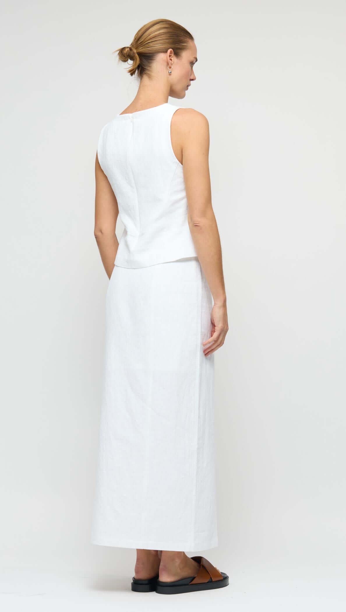 Linen Cotton Blend White Top, sleeveless, structured silhouette, round neckline, back view, refined staple, flattering fit