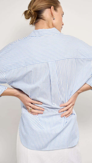Cotton Blue & White Oversized Shirt showcasing a stylish back view with blue and white stripes and a relaxed fit.