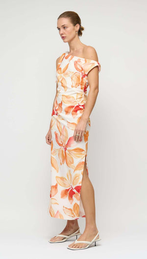 Orange & White Floral Asymmetric Midi Dress showcasing a one-shoulder design with floral print and side split hem.