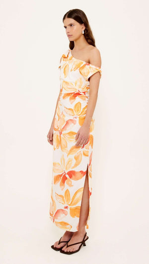 Orange & White Floral Asymmetric Midi Dress worn by a model showcasing a one-shoulder design and side split.