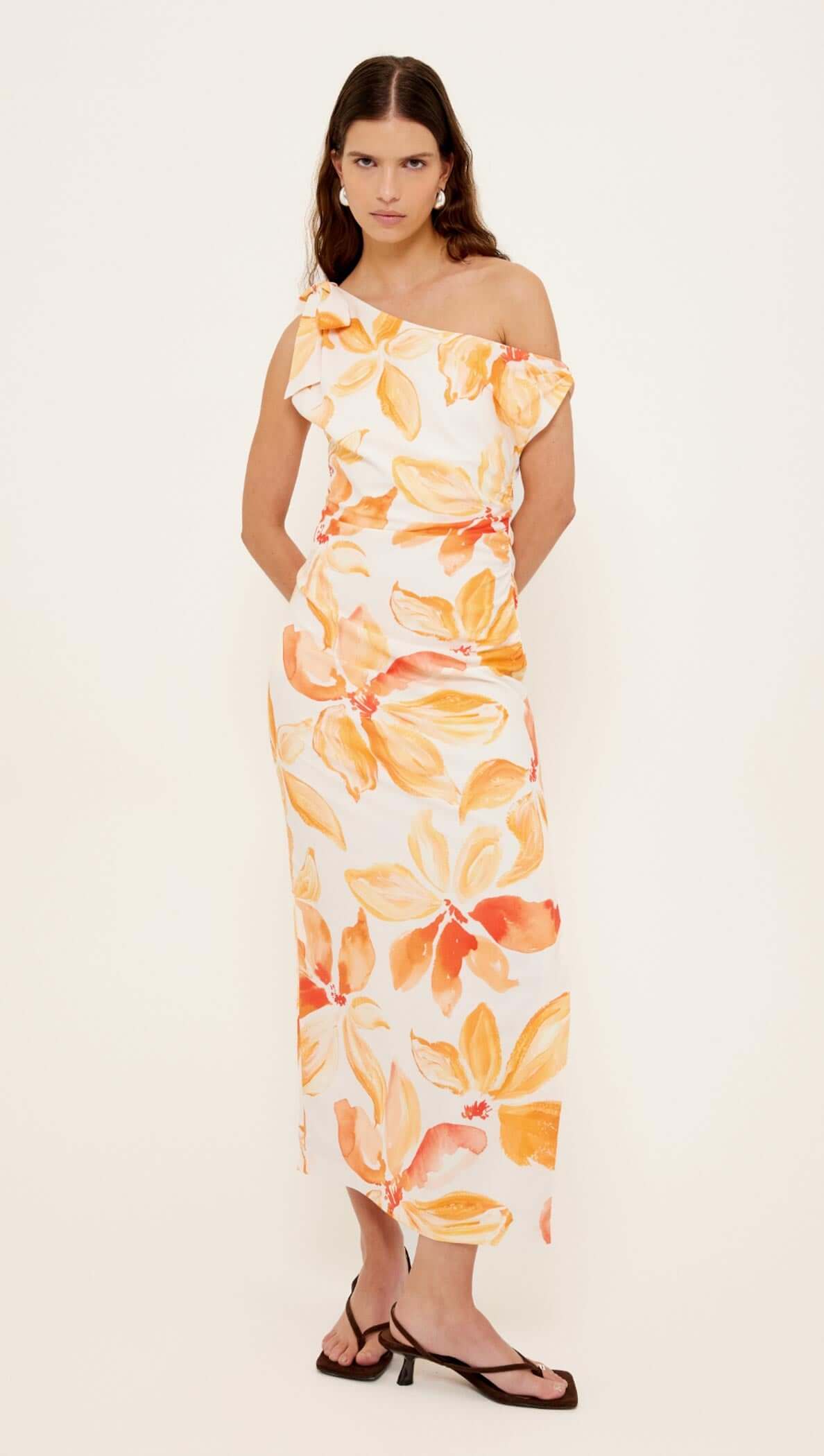 Orange & White Floral Asymmetric Midi Dress featuring a one-shoulder neckline and side split hem.